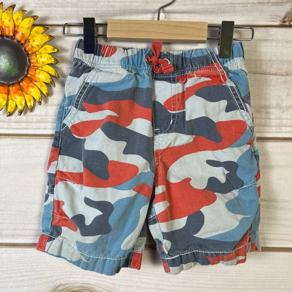 Mini Boden Kids Camo Cargo Shorts Elastic Waist Drawstring Red Blue Gray 18 24m